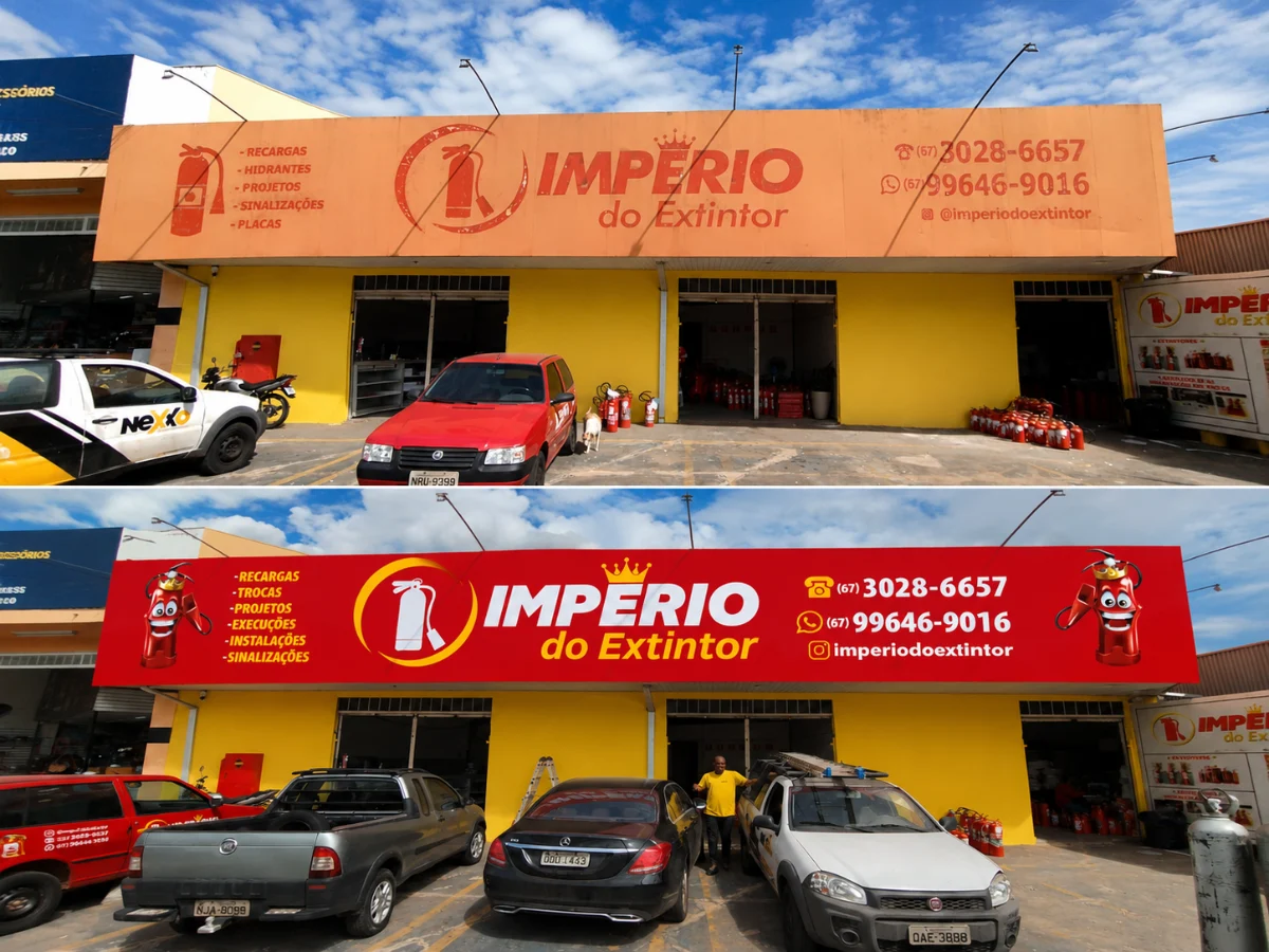 Antes e depois da fachada da loja Império do Extintor, renovada pela Lumix Comunicação Visual